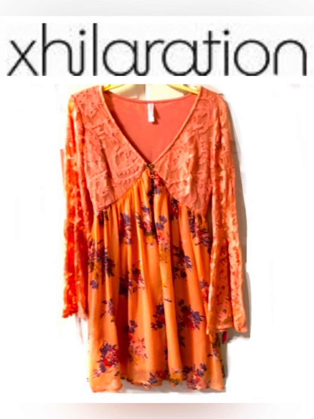 XHILARATION floral/lace Boho dress flare sleeves color peach/pink sizeM NWOT